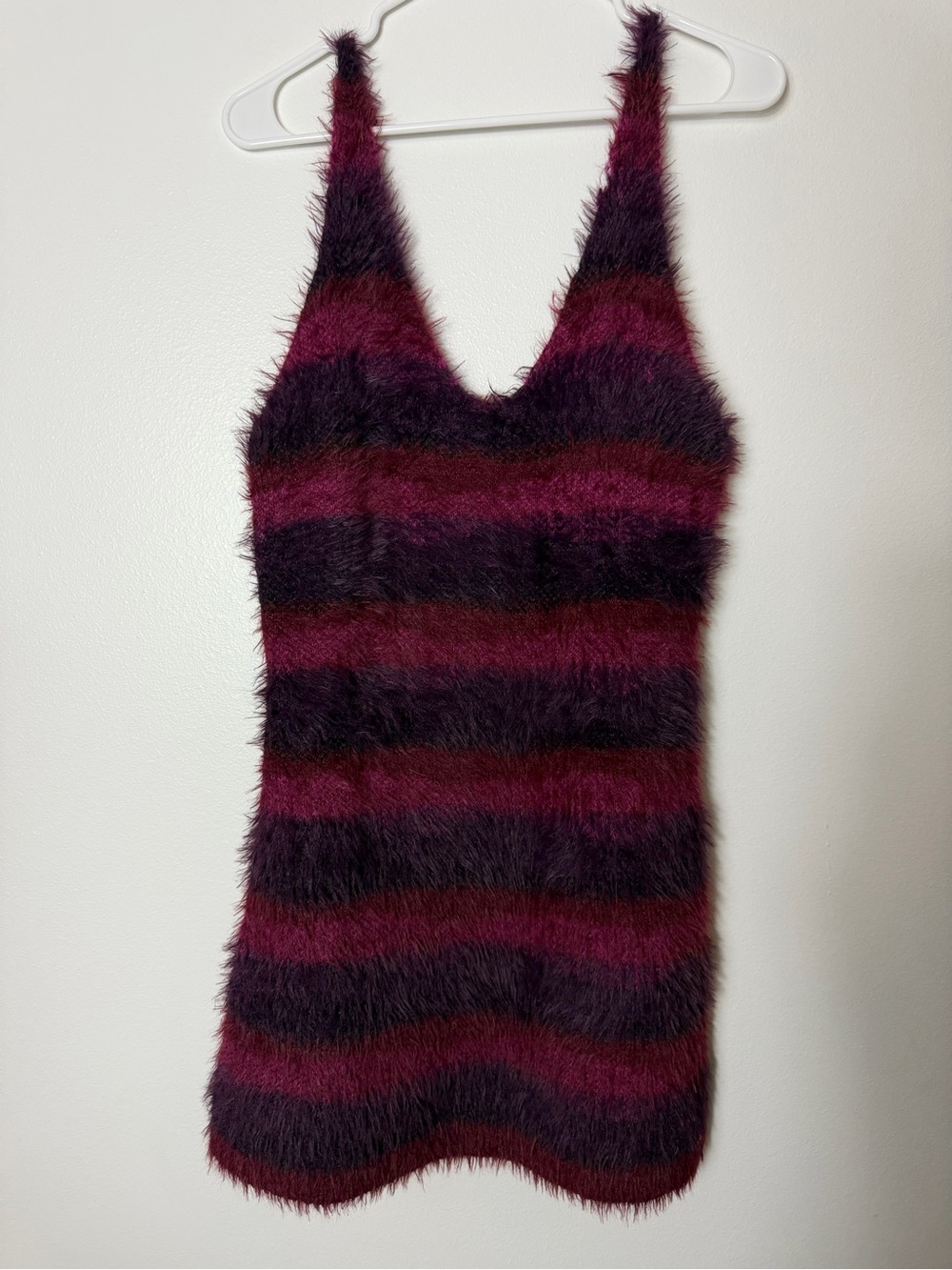 Savage X Fenty Striped Fuzzy Mini Dress in Burgundy and Plum